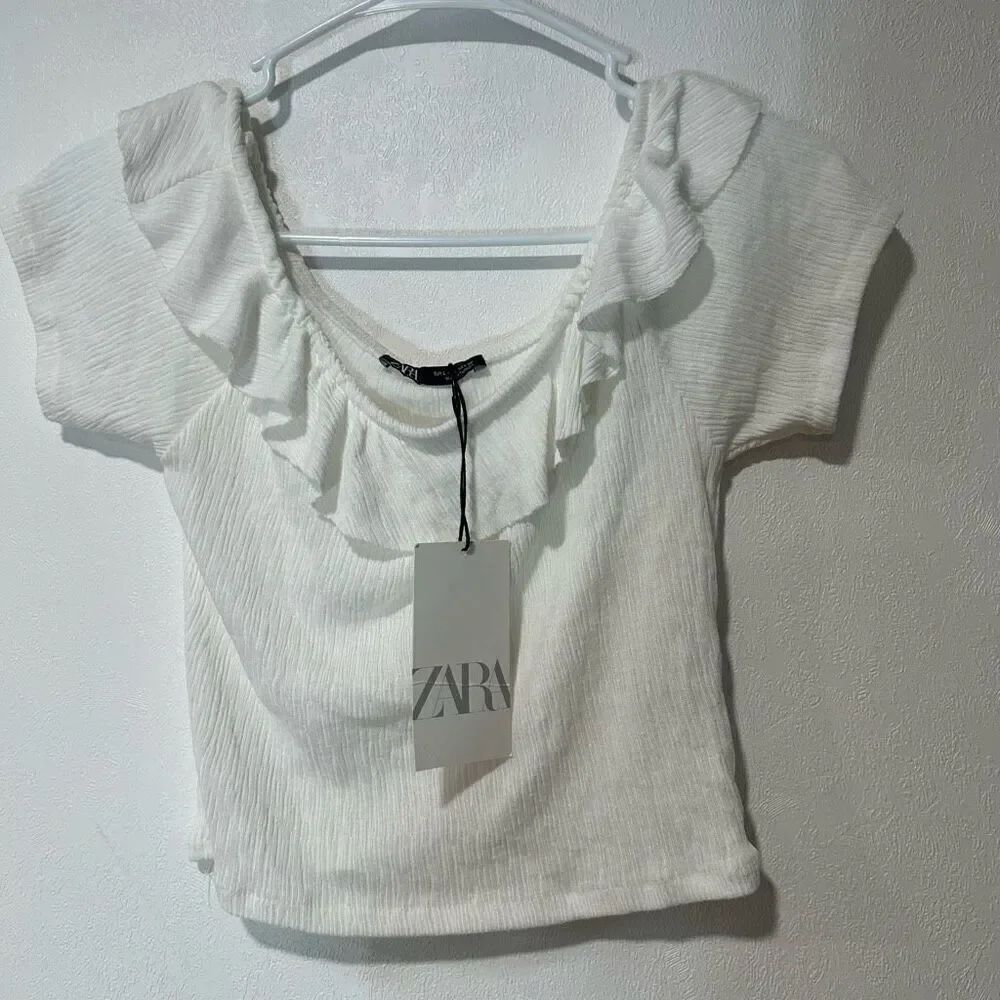 Zara Off The Shoulder Crop Top white size Lgirls halter cute lace stretch teen p